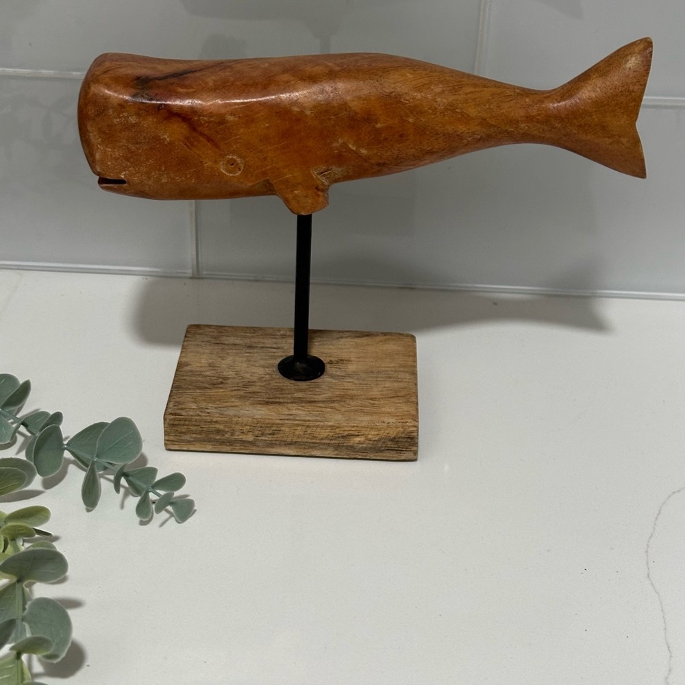 Vintage Hand Crafted Wood Marine Whale Figurine Wood Curved Whale Decor long - Picture 1 of 12